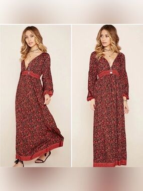 RAGA Anthropologie Bohemian Red Floral Plunge Neck Maxi Dress